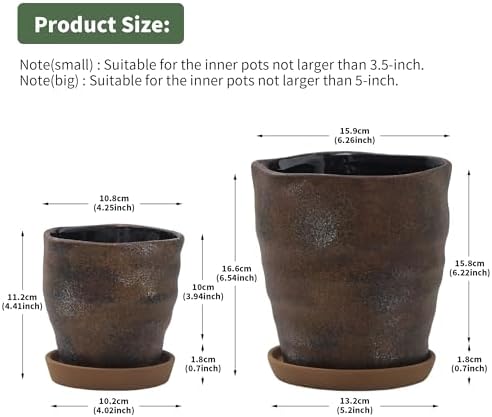 4+6 Inch Ceramic Planter Set of 2 with Drainage Hole and Saucer for Plants, Indoor-Outdoor Large Irregular Succulent Orchid Flower Pot- Cement Paint, Inner-pots not Larger Than 5 Inch - Image 3
