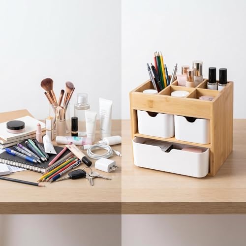 Small Bamboo Makeup Organizer with 3 Drawers - Image 5
