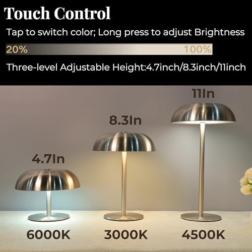 Cordless 11" Mushroom Table Lamp with Dimmable 3 Color, 5200mAh, Black - Image 3
