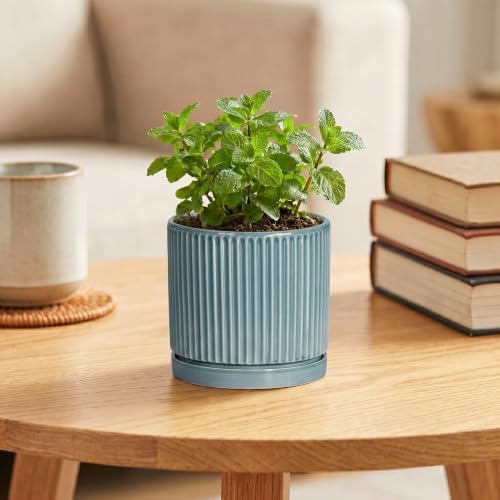 4 Inch Pots for Plants, Ceramic Planter with Saucer, Glaze Blue - Image 4