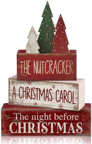 Moucuny 4 Pcs Christmas Table Decorations Rustic Christmas Tree Stacked Wooden Signs Decor Red Green and White Winter Tiered Tray Decor Xmas Table Centerpiece Farmhouse for Home Kitchen Shelf by Moucuny