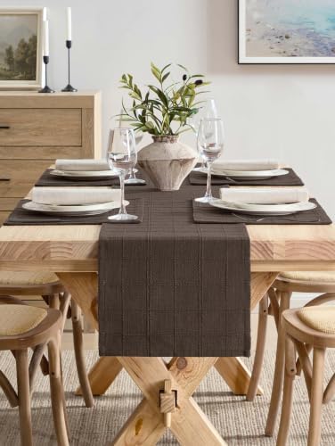 ZeeMart Linen Checked Farmhouse Table Runner, 13x60 Inches Chocolate - Image 2