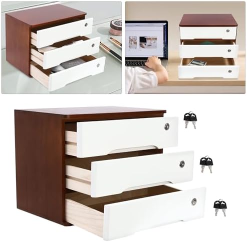 3-Tier Desktop Storage Box with Lockable Drawer, Wooden Desk Organizer for Office Supplies, Flat File Cabinet, Minimalist Design for Home & Office Use(Walnut+White) - Image 5