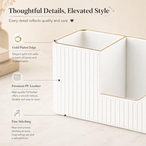 KINGFOM Luxury PU Leather Desk Organizer for Office Accessories, Aesthetic Pen Holder for Desk, Modern Desktop Storage Organizer for Home Office Supplies Cream White with Gold Trim - Image 7