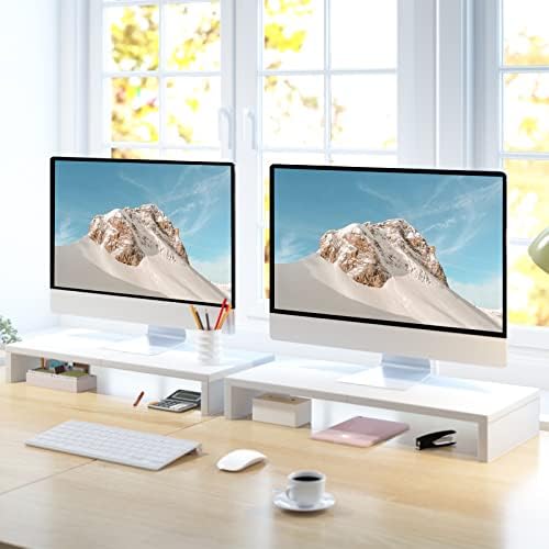 TEAMIX 2 Pack White Monitor Stand Riser 20 inch, Wooden Desktop Stand Shelf - Image 2