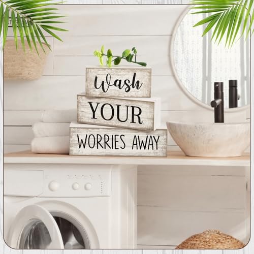 Moucuny 3 Pcs Laundry Room Decor Wood Block Signs Wash Your Worries Away - Image 5