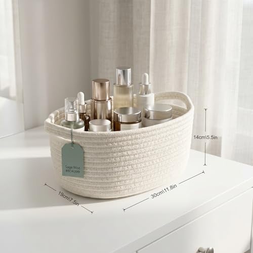 Small Cotton Rope Basket - White Woven Storage Basket with Handles, Desktop Organizer for Keys, Remotes, Makeup, Soft Decorative Bin for Bathroom, Office Shelf (White) - Image 3