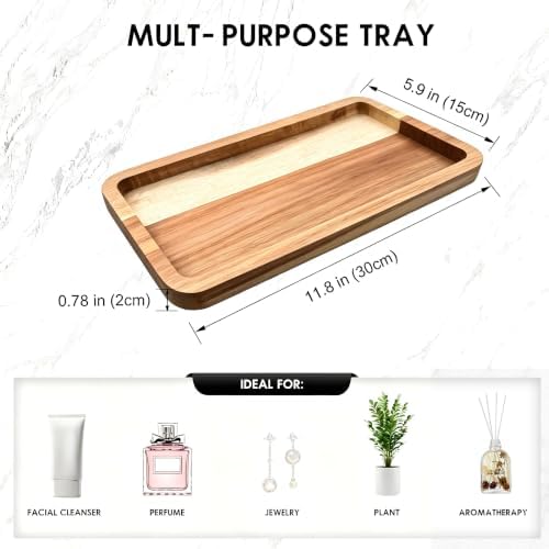 Vanity Bathroom Tray for Counter, Wood Tray for Bathroom, Toilet Tank, Perfume 11.8L x 5.9W x 0.8H inch (Acacia) - Image 2