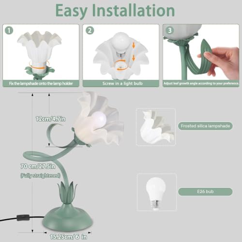 Women Bedside Table Lamps for Bedroom, Cute Flower Desk Lamp With Adjustable Flexible Gooseneck, 3 Color Temperatures Nightstand Lamp with E26 LED Bulbs, Floral Lamp for Living Room, Office ,Reading - Image 6