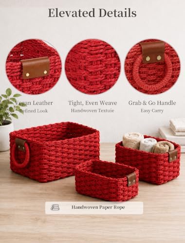 Small Wicker Baskets, 3 PCS Paper Rope Baskets for Shelves, Red - Image 4