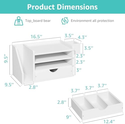 Wood Desk Organizers and Accessories with Drawer - White 3 Tier Paper Tray and Desktop Storage Caddy for Office Supplies, Slanted File Folder Holder and Pen Cup, Dorm Essentials for School - Image 3