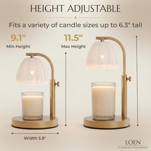Scalloped Glass Candle Warmer Lamp with Timer (2H/4H/8H) - Dimmable & Adjustable Height - Wax Melter for Large & Small Jar Candles - 2 Bulbs - Gold Metal - Flameless Home Decor Gift for Women (White) - Image 5