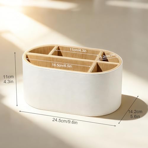 KINGFOM PU Leather Desk Organizer with Multi Compartments, Desktop Caddy Holder for Remote Controls, Pens, Makeup Brushes, Office Accessories (Beige) - Image 4