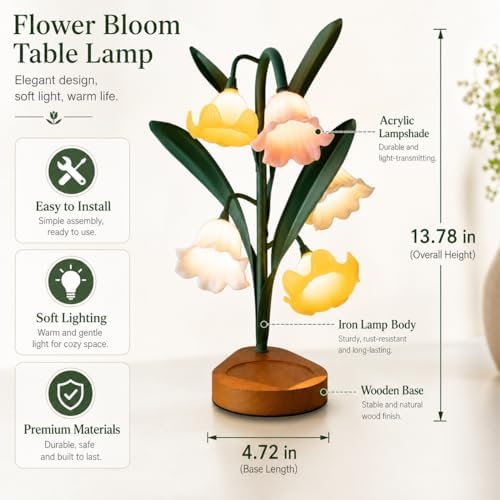 Flower Table Lamp, LED Warm Reading Bedside Vintage Lily of The Valley Night Light, Kawaii Decorative Bedside Lamp for Living Room Bedroom Home Decoration, Ideal Housewarming Birthday Gift - Image 5