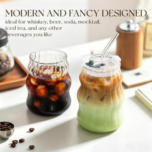 KEMORELA Ribbed Glass Cups with Lids and Straws，18oz Cute Iced Coffee Cups - Image 2