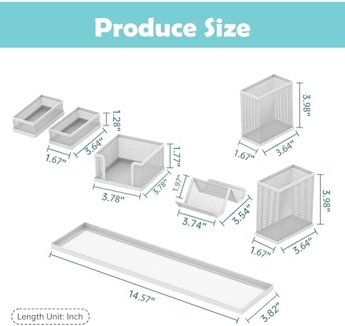 Pen Holder for Desk, 6-Piece Mesh Desk Organizer with Phone Holder, White - Image 3