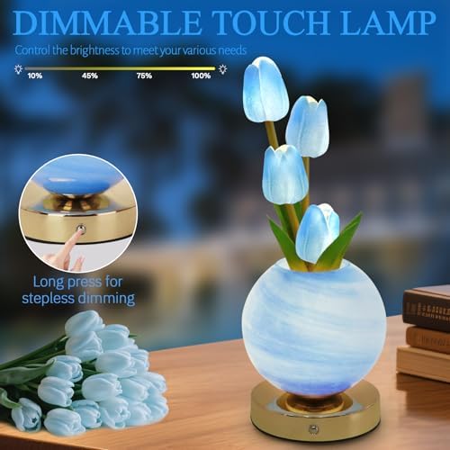 Tulip Table Lamp, Rechargeable Cordless Touch Dimming Artificial Tulip Flower Desk Lamp, LED Flower Bedside Night Light Romantic Gifts for Girl Women Mom (Blue) - Image 3