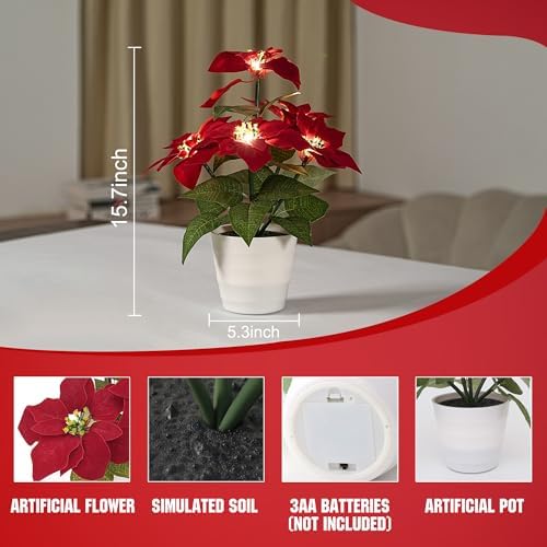 Artificial Christmas Flower Lamp Night Light, Battery Powered for Christmas Bedroom Bar Coffee Shop Decor, Gifts for Women Mom Grandma Girlfriend Birthday Christmas Valentines Mothers Day - Image 2