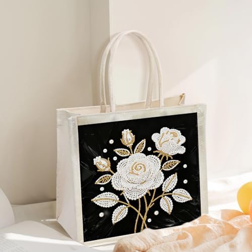Xylzzuit DIY Pearl Painting Canvas Tote Bag Kit 11.42IN Diamond Art Handbag for Women Shopping Grocery Bag Dots Beads Art Craft Gift (Flower03) - Image 6