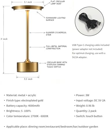 PUSU Rechargeable Table Lamps Set of 2, Gold Cordless Portable Desk Lamp - Image 5