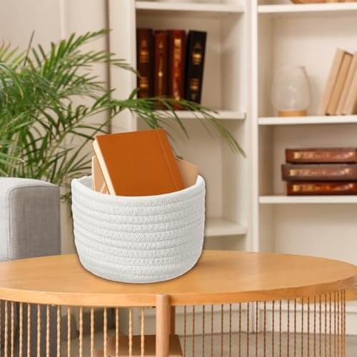 uxcell White Small Cotton Rope Woven Storage Basket, Shelf Closet Storage Gift Woven Baskets Cute Nursery Box Bin Decor Organization Bin for Home Supply, Round, 5.6x3.6 - Image 7