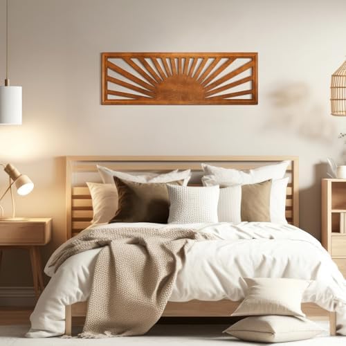 Burbell Horizontal Sun Wall Art, Boho Wooden Room Decor, 35"x12" Dark Brown - Image 5