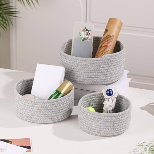 YMhoart Small Basket Cotton Rope Woven Baskets for Organizing Cute Mini Tiny Baskets for Nursery Decorative Boho Round Storage Bathroom Organization Bin Open Storage Bins(Grey) - Image 3