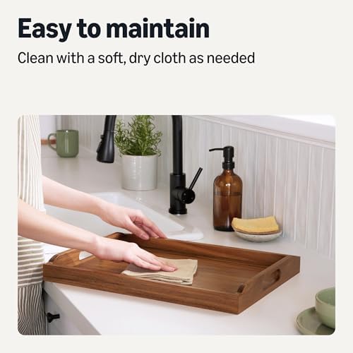 Amazon Basics Wooden Serving Tray, 17" x 12" Acacia Wood Decorative Tray Platter With Built-in Handles for Breakfast in Bed, Food & Drinks, Entertaining, Coffee Table & Ottoman - Image 5