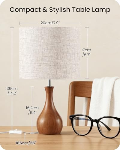 Wood Table Lamps Set of 2, Small Bedside Lamps Set of 2, Beige Linen Lampshade & Dark Pearwood Base, 14.2" Small Table Lamp, Nightstand Lamps for Bedroom, Small Space, E26 Socket, LE09TLP205 - Image 3