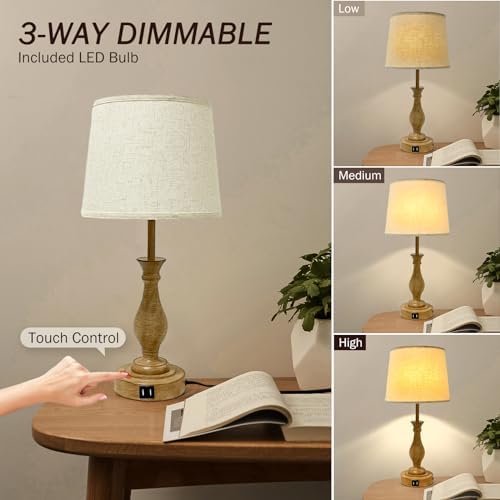 LALISU Farmhouse Table Lamp Touch Control 3-Way Dimmable Table Lamp, Modern Nightstand Lamp with 2 USB Port Bedside Desk Lamp with Fabric Shade for Living Room (Pack 1-Beige Shade & Touch) - Image 2