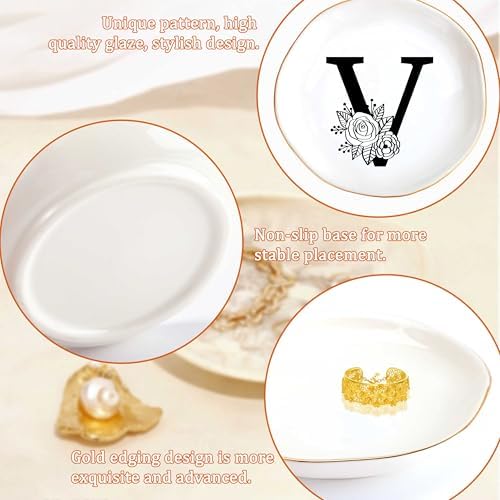 JoycuFF Initial V Ceramic Jewelry Tray, Bridesmaid Bride Gifts, Mothers Day Christmas Anniversary Engagement Birthday Gifts for Women Couples, Trinket Dish for Rings Earrings Necklaces Bracelets Keys - Image 5