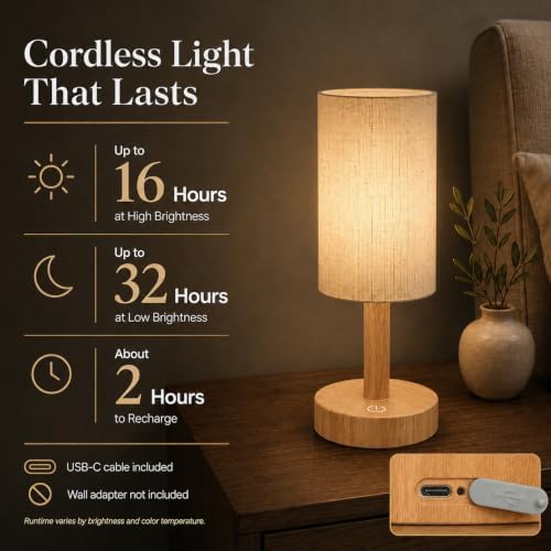 Small Rechargeable Cordless Table Lamp, Nightstand to Desk, Warm Oak - Image 3