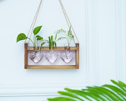 Kingbuy 3-Heart Plant Terrarium Kit with Vintage Wood Stand - Stained Glass Vase Propagation Station, Wall-Mounted & Tabletop Indoor Decor for Home Kitchen Wedding Gift, Light Pink - Image 2