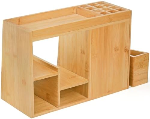 Elsjoy Large Countertop Bamboo Makeup Organizer with 3 Drawers, 12-Grid Lipstick Holder, Jewelry Hanging Hooks, Makeup Brush Holder, Desktop Wood Cosmetic Organizer Stand for Vanity - Image 5
