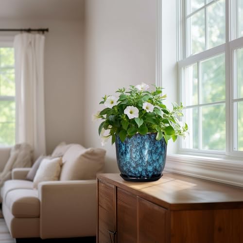 8 Inch Plant Pot - Ceramic Planter for Indoor Outdoor, Round Planter with Drainage Hole and Saucer, Modern Planters, Flower Pots, Apartment Porch Room Home Decor, Gardening Gifts, Blue - Image 6