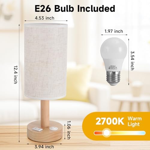 Small Bedside Table Lamp with AC Outlet,Natural Round Wood Base&Fabric Linen Shade,Cozy Night Table Light for Study Reading,Minimalist Boho Desk Lamp for Nightstand,Living Room,Nursery,Kitchen,Dorm - Image 5