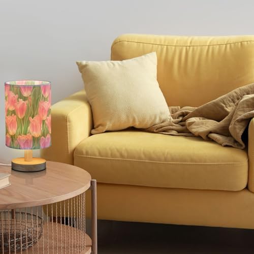 Pink Tulip Flower with Green Leaves Bedside Table Lamps with USB Port for Bedroom Lamp Accent Table Lamp Small Nightstand Lamp Sturdy Linen Shade Wooden Decorative Lamps for Kids|Reading|Dorm|Home - Image 2