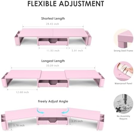 OPNICE Desk Organizers and Accessories, Dual Monitor Stand Riser with Drawer and 2 Pen Holders, Desk Shelf Printer Stand for Office Workspace Organizers, Desktop Organization (Pink) - Image 3