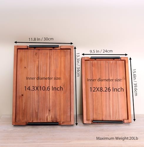 2Pc Nested Vintage Wooden Serving Tray Set, Coffee Table Ottoman Decor - Image 3