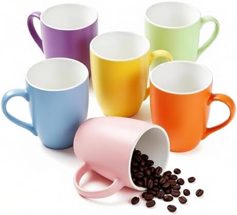 6-Piece 12oz Ceramic Coffee Mugs with Handles, Microwave & Dishwasher Safe, Ideal for Latte, Cappuccino and Hot Tea (Multi-Color) by Jormey