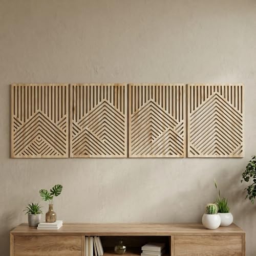 Wesiti 4 Pcs Wooden Mountain Wall Art Decor Large Abstract Wall Art for Living Room Modern Wood Panel Line Sculptures Nature Rustic Forest Hanging Decor for Office Bedroom Bathroom 15.7 x 12.2'' by Unteilti