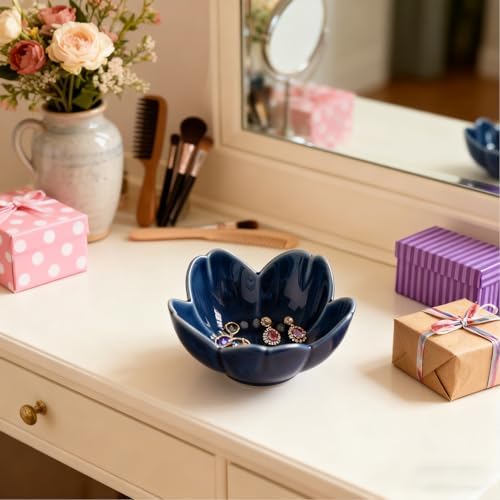 Blue Flower Ring Dish Jewelry Tray, Ceramic Jewelry Dish, Small Trinket Tray, Nightstand Bathroom Decor Ring Holder, Jewlery Plate Bowl for Christmas Friendship Birthday Gifts for Women Mom - Image 5