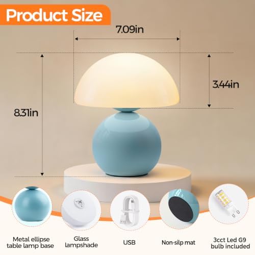 NIORSUN Mushroom Lamp Table Lamp for Bedroom, Portables Cordless Table Lamp,Wireless lamp,Small Bedside Table Touch Lamps for Living Room,Mini Mushroom 5200mAh Battery Operated Lamp Modern Blue - Image 2
