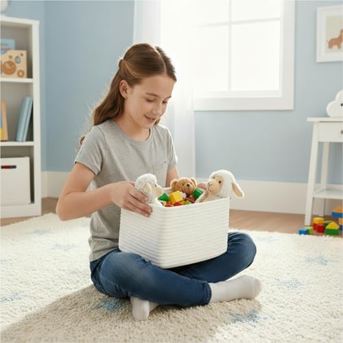 R RUNKA Small Cotton Rope Basket – Storage Bin for Organizing (10.6" x 6.7" x 6.7"), Bathroom Storage Basket for Shelf, Counter & Closet（White） - Image 3