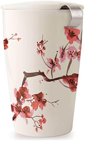 Tea Forte Double-Walled Ceramic Kati Cup, Removable Stainless Steel Infuser Basket and Lid, Steeps 12 oz Loose Leaf Tea, Dishwasher & Microwave Safe, Cherry Blossom by TeaForte