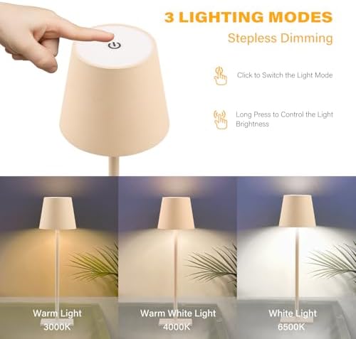 CHLORANTHUS 2 Pack Cordless Table Lamps, 3 Colors Stepless Dimming, 5000mAh Rechargeable Battery LED Desk Lamp for Bedroom/Couple Dinner/Desk/Cafe/Dining Room/Terrace - Image 2
