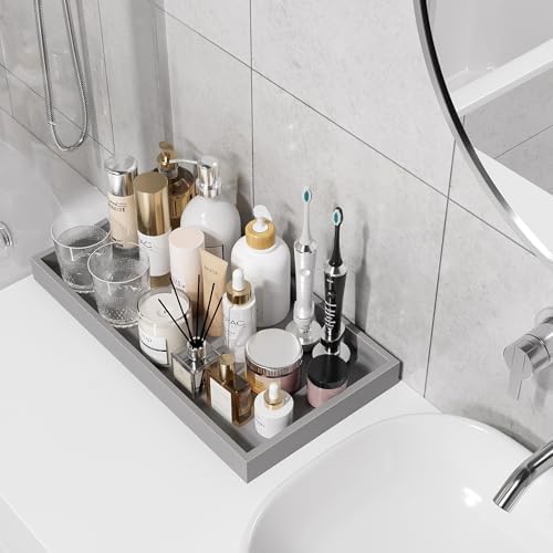 ZHWS Bathroom Vanity Tray for Countertop Perfume Makeup Jewelry Candle Decor, Kitchen Tray for Soap Dispenser Spice Salt, Large Tray for Toilet Tank Paper, Serving Nightstand Silver 13”x6.5” - Image 2