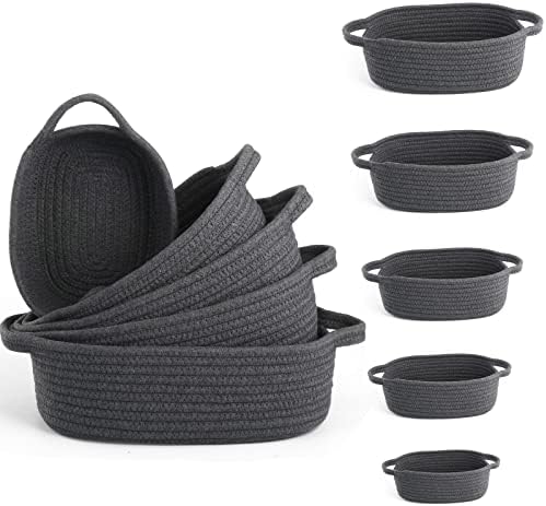 VOOWO Set of 5 Rectangular Cotton Rope Baskets for Storage, Organizing, Decorating, Dark Gray by VOOWO