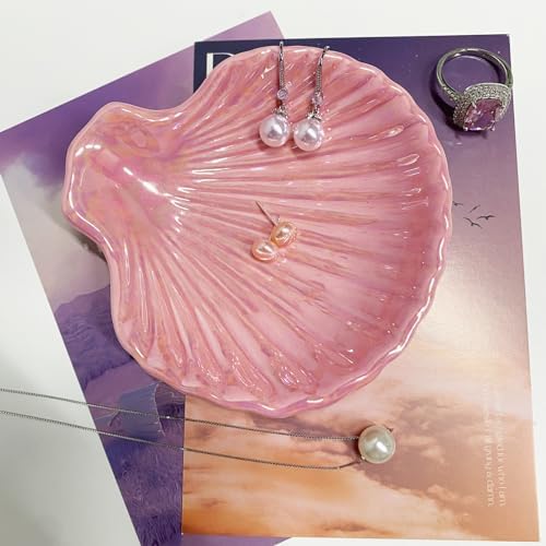 Shell Shape Ring Holder Dish, Seashell Jewelry Dish Tray, Ceramic Trinket Tray for Rings Earrings Necklaces Bracelet, Birthday Christmas Gift for Mom Friend Sister, 3.9", Pink Iridescent Surface - Image 5