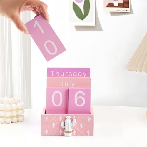 Notakia Perpetual Calendar Wooden Blocks Vintage Wood Block Calendar for Home Office Desk Accessories Week Month Date Display (Pink Calendar) - Image 5